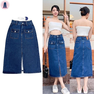 Nina jeans (S-2XL) กระโปรงยีนส์เอวสูงผ่าหน้าแต่งกระเป๋าหน้าสีเข้มสไตล์เกาหลี y2k #6588 jeansdede