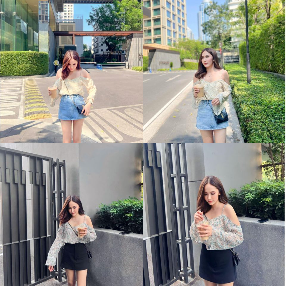 เสื้อสายเดี่ยวเปิดไหล่คอวีแขนกระดิ่ง