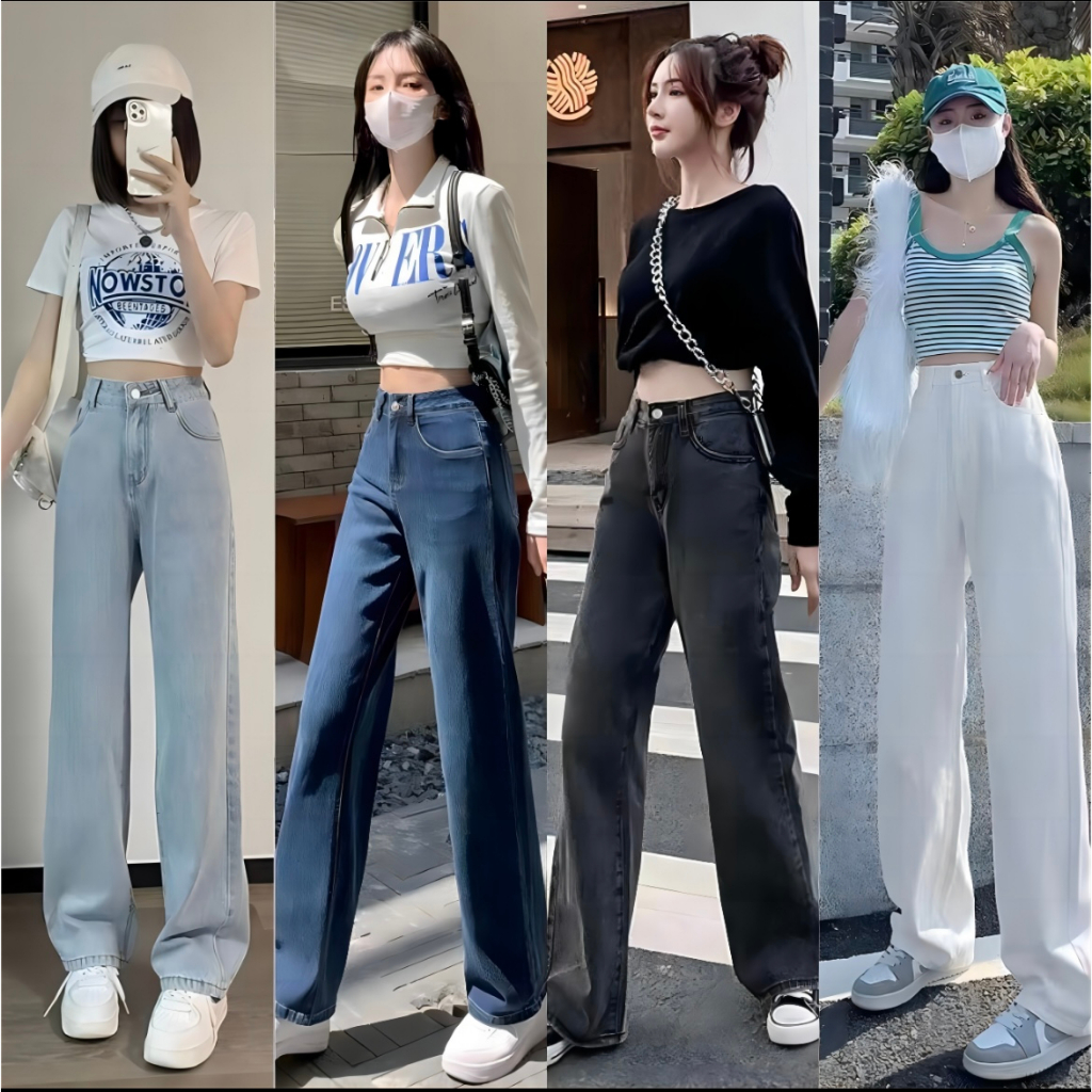 Sexy มีไซซ์ S-2XL กางเกงยีนส์ เอวสูง สไตล์เกาหลี แนววินเทจ เท้ากว้าง กางเกงยีนส์ขายาว สวยๆเก๋ๆ
