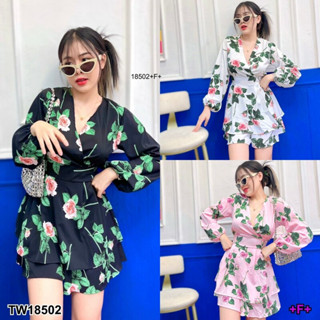 MM18502 Jumpsuit จั้มสูทกางเกง ลายดอกกุหลายบ สายผูกเอว	 Jumpsuit, jumpsuit, pants, rose pattern, tie waist