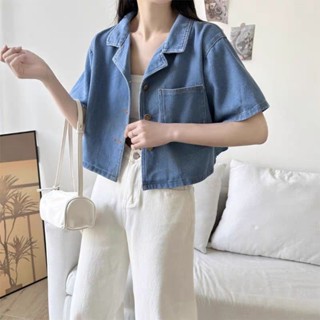 RUCHI👖Crop shirt👖 เชิ้ตยีนส์ตัวสั้น คอปก ผ้ายีนส์ ผ้าไม่หนา น่ารัก
