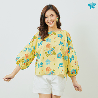 Woman Oversized Firework Top เสื้อโอเวอร์ไซส์ แขนพองทรงหลวม จากผ้าป่าน Extra Fine Cotton Lawn (Cotton 100%) เนื้อบางเบา