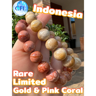 Gold &amp; Pink Coral Fossil กำไลฟอสซิลปะการังแท้ ขนาดเม็ด(11-12 มม.) เสริมมุมมองในแง่ดี สร้อยข้อมือ นำโชค มงคล เครื่องราง