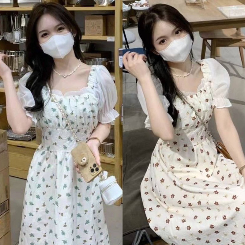 Fashion พร้อมส่ง ชุดเดรสคอวี ละบายแขนตุ๊กตา ลายดอกไม้สไตล์ฝรั่งเศสย้อนยุคแบบกระโปรงยาว 6766