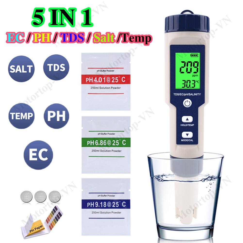 5in1 EC TDS PH SALT TEMP meter เครื่องวัดคุณภาพน้ำ เครื่องวัดสภาพน้ำ วัดความเค็ม water quality tester meter
