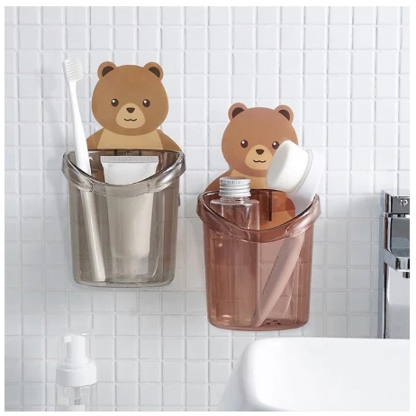 ที่เก็บแปรงสีฟันติดผนัง ลายหมีน่ารัก พร้อมแก้วใส่ของในห้องน้ำ ติดตั้งง่าย ไม่ต้องเจาะ