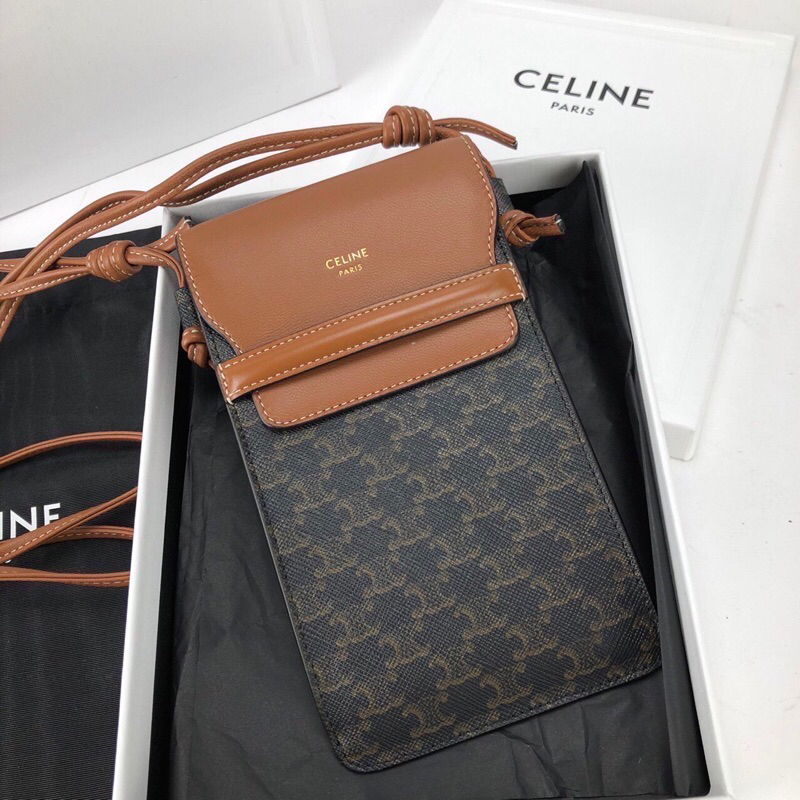 CELINE PHONE POUCH WITH FLAP IN TRIOMPHE CANVAS AND LAMBSKIN