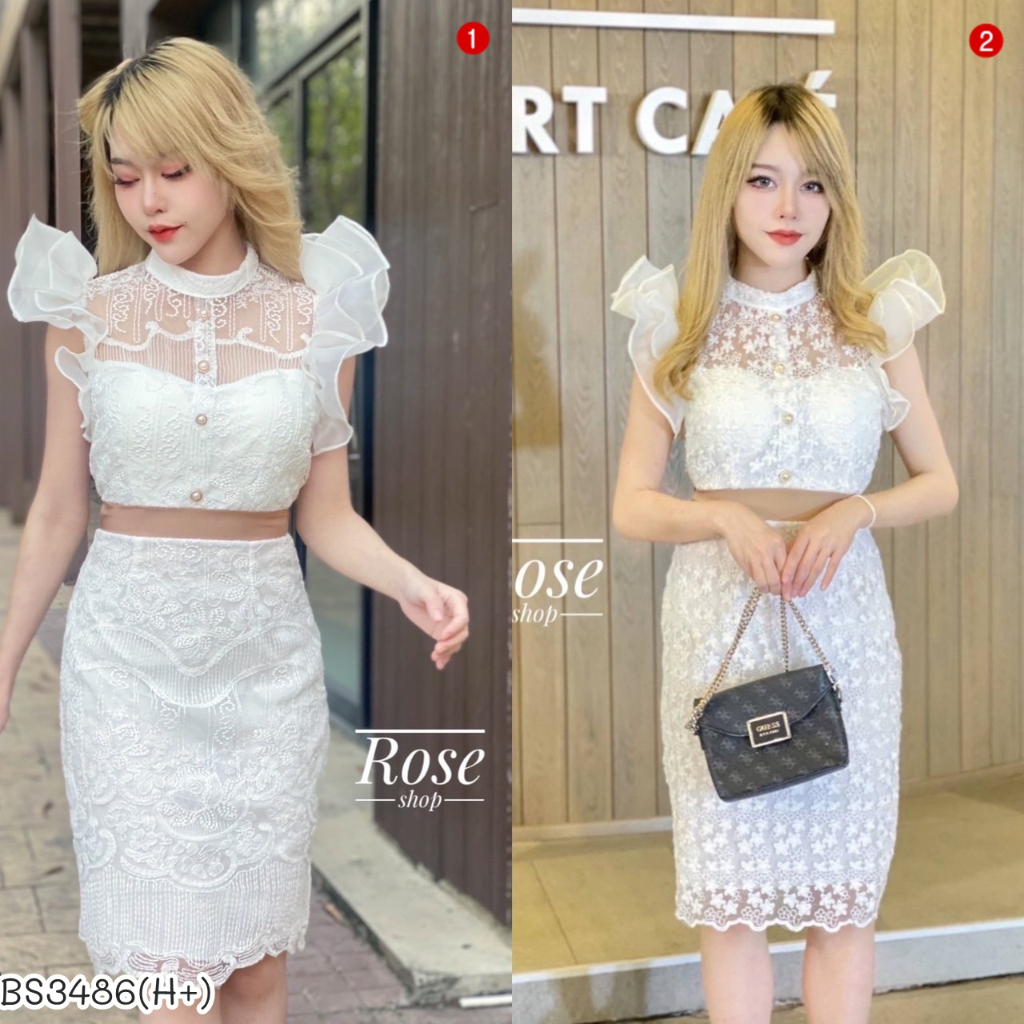 BS3486 เดรสลูกไม้ใส่ทำบุญ ใส่ออกงาน แต่งระบาย ซับในทั้งตัว