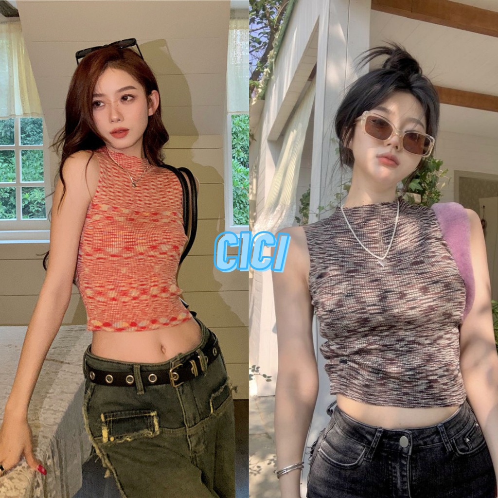 ส่งทันที Cici(NO. X1493) เสื้อแขนกุดคอกลม ทอสลับสี เข้าทรงสวย  ดูแพงมาก แมทช์ง่าย