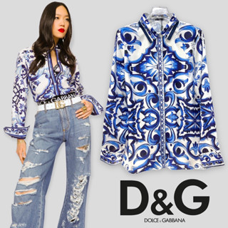 งานใหม่D&amp;G เสื้อเชิ้ตทรงคอปก แขนยาวพริ้นลาย งานพริ้นสีคมชัด ลายหน้า-หลัง งานสวย ผ้าslikเนื้อดี นิ่ม