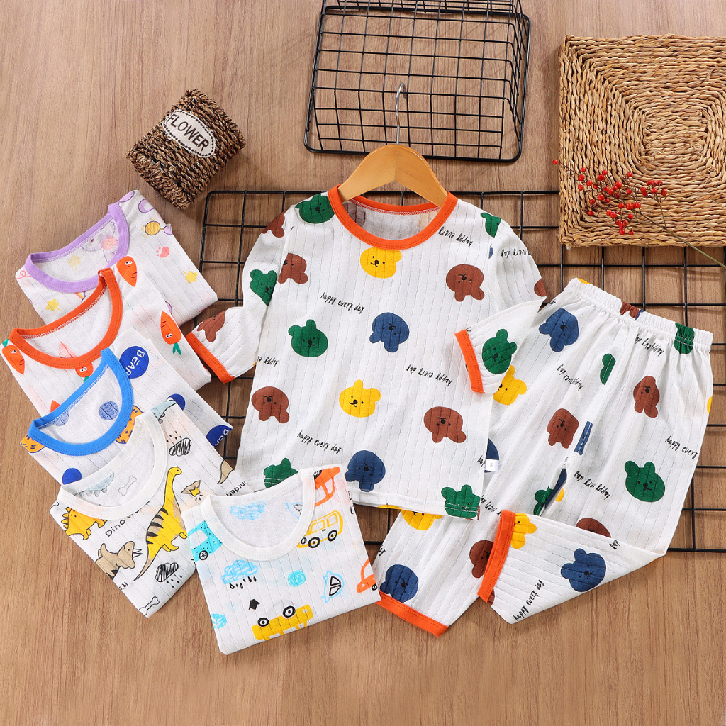 Babyonline(Y066)N1 (ส่งด่วน1วัน)เซ็ตชุดนอนผ้าร่องแขน7ส่วน กางเกงขายาวสำหรับเด็ก ระบายอากาศ ผ้าใยไผ่นิ่ม