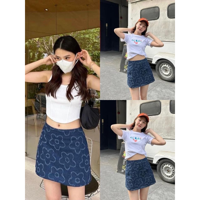 Denim กระโปรงยีนส์ปักดอกไม้ Y2K Skirts