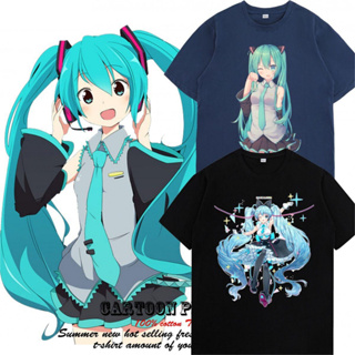 Hatsune Miku MIKU กระจกสองมิติโบว์คริสต์มาส fufu หิมะสูตร Hatsune รอบเสื้อยืดผ้าฝ้ายแขนสั้น