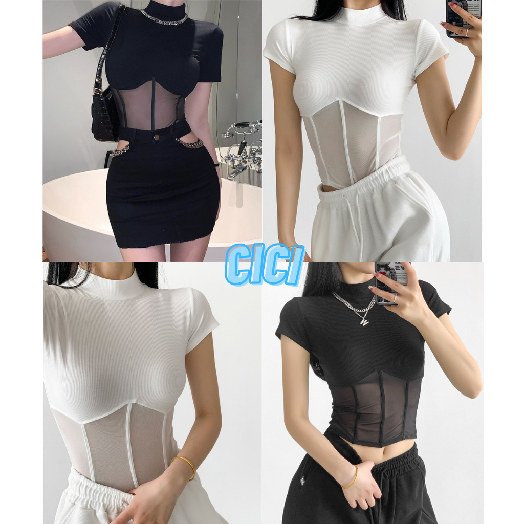 Cici(NO.J289)เสื้อยืดแขนสั้นคอปืน เข้ารูป ดีเทลซีทรูครึงตัวบางๆทรงสวยใส่แล้วเอวSสุดๆ
