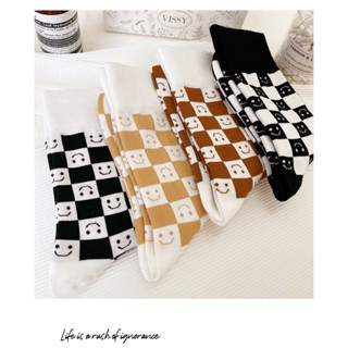 ถุงเท้าตาราง หวีผ้าฝ้าย แฟชั่นแนวสปอร์ต พร้อมส่ง cotton 100% long socks（ใหม่1004）