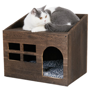 BINGOPAW บ้านสุนัข-แมว ขนาดกลาง คอนโดน้องแมว บ้านแมว Large Wooden Cat House Crate with Soft Cushion Pet Furniture