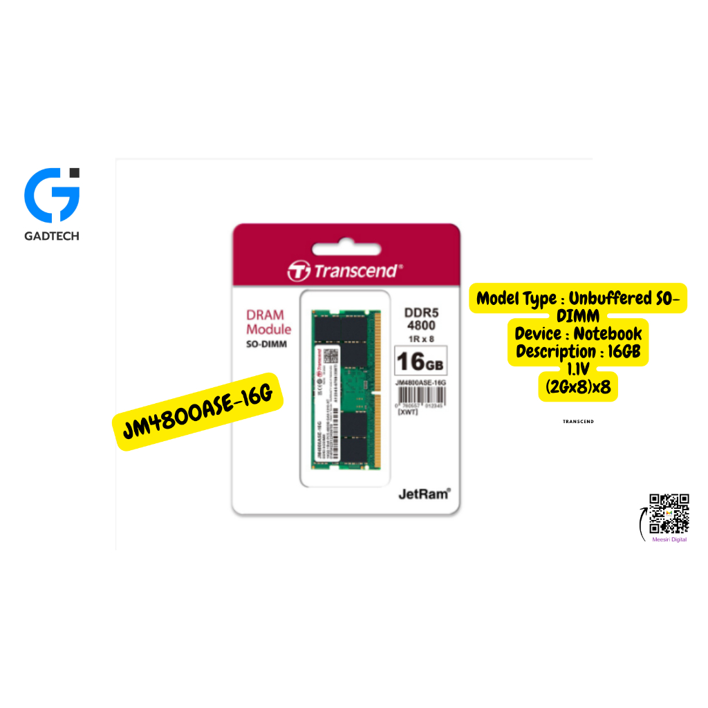 Transcend RAM-Memory DDR5-4800 SO-DIMM 16GB รับประกันตลอดอายุการใช้งาน-มีใบกำกับภาษี- JM4800ASE-16G