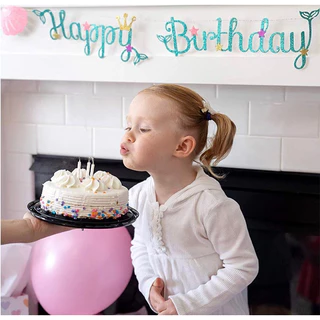 ธงนางเงือกตัวน้อย ธง HAPPYBIRTHDAY​นางเงือกกลิตเตอร์ แก้ว จาน หลอด ใช้ตกแต่งปาร์ตี้