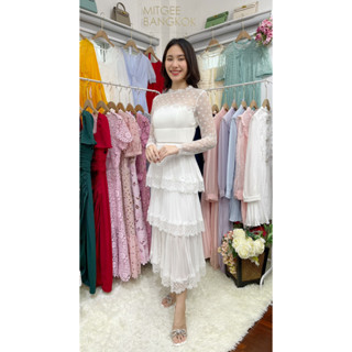 SP314 : White Chiffon Tiered Dress เดรสชีฟอง แขนยาวซีทรู