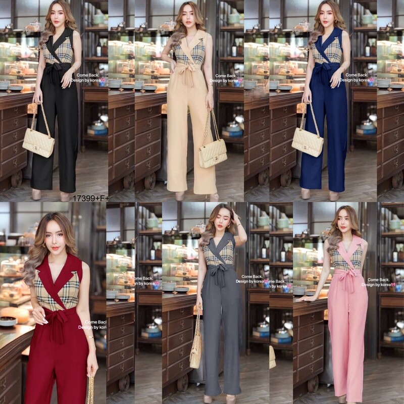 ส่งไว 1-2วันถึง จัดเต็ม6 สี สวยมากกกกก 17399 จั้มสูทขายาว แขนกุด คอปก อกแต่งลาย BBR ทรงเชือกผูกเอว ง