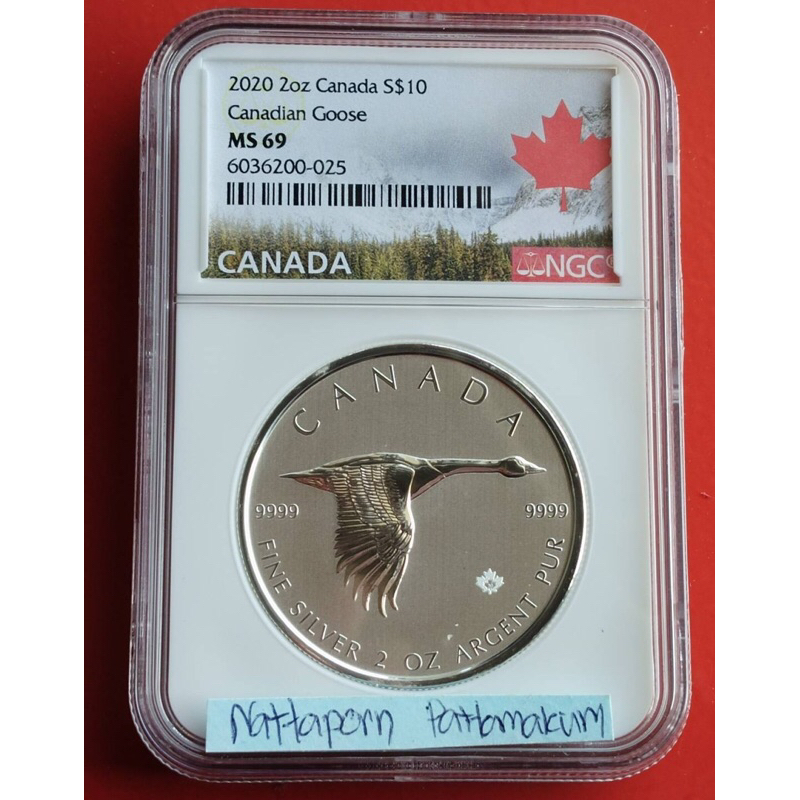 ตลับเกรด NGC MS 69 Canada 2020 Silver S$10-2oz EXTRA THICK, Canadian Goose เหรียญตัวหนาพิเศษ…เนื้อเงิน