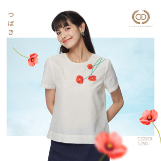 C&amp;D เสื้อผู้หญิง   Blouse แขนสั้น ผ้าคอตตอล มีดอกไม้สีส้ม (CZ22CR)