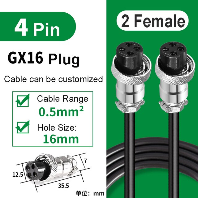 GX 16 Plug 4 Pin [ 1 Cable 2 Female Plug ]