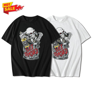 Skull Drink Get Trashed เสื้อยืดแขนสั้นคอกลม Cotton 100% สกรีนลาย