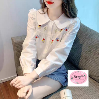 สื้อแขนยาวคอบัวแต่งระบายไหล่ ปักลายดอกบนหน้าอก ผ้าคอตตอนลินิน ทรงสวยหรูดูแพงสไตล์เกาหลี  m8