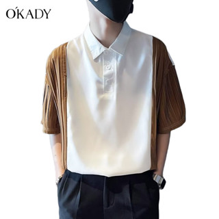 OKADY เสื้อโปโล แขนสั้น คอปก ชนิดผ้าฝ้าย ผ้าบาง ลายทาง สไตล์ธุรกิจ แฟชั่นฤดูร้อน สำหรับผู้ชาย