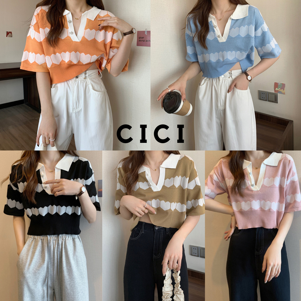 Cici(NO.5999)เสื้อครอปไหมพรมลายหัวใจน่ารักๆ คอปกวีแต่งกระดุมหัวใจเพชร วาเลนไทน์