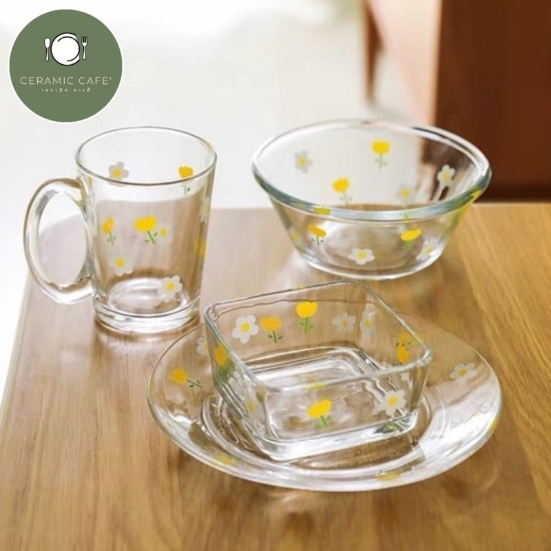 แก้วสไตล์เกาหลี จานชามแก้วลายเดซี่ Daisy Yellow พร้อมส่ง!
