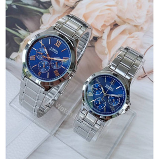 นาฬิกาคู่รัก Casio รุ่น MTP-V300D-2A และ LTP-V300D-2A2 นาฬิกาสายแสตนเลสสีเงิน หน้าปัดน้ำเงิน - ของแท้ 100% รับประกันสินค้า 1 ปีเต็ม