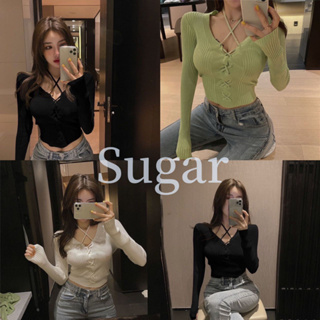 Sugar 🌈พร้อมส่ง🌈เสื้อไหมพรม แขนยาว คอลึกคอวี ดีเทลร้อยเชือกด้านหน้า ผ้ายืดมาก(8390)