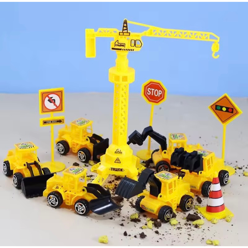 (พร้อมส่ง..ส่งไวค่ะ )Construction Sensory play โมเดลรถก่อสร้าง รถตักดิน ป้ายสัญลักษณ์ พร้อมเครนครบชุด พร้อมส่ง