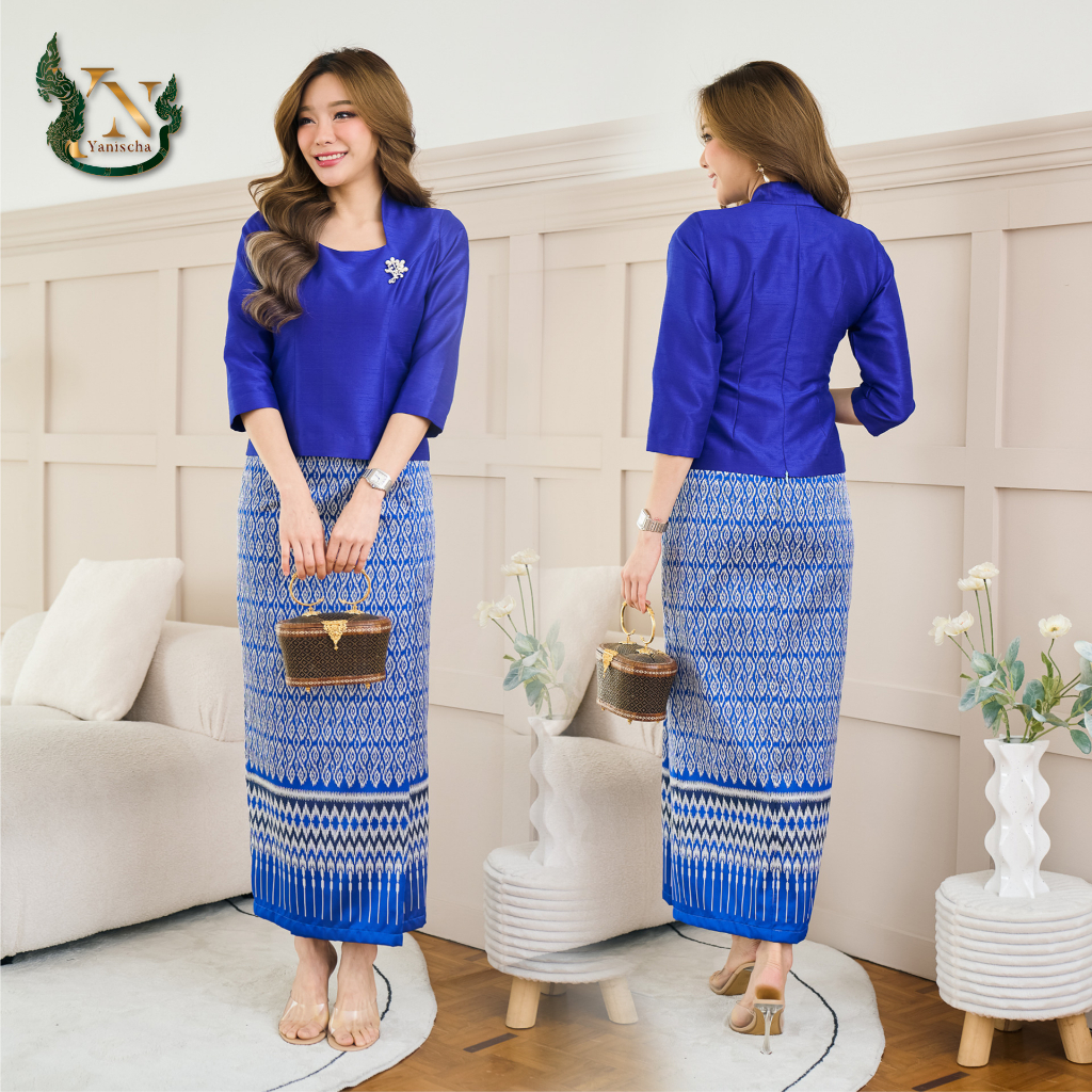 เสื้อผ้าไหม ผ้าถุง ชุดออกงาน ไปวัด ทำบุญ - เสื้อผ้าไหมแพรทิพย์ สีน้ำเงิน New Collection!