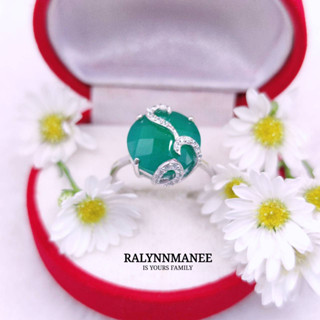 R6499 แหวนพลอยโมราแท้ ( Chrysoprase ) ตัวเรือนเงินแท้ 925 ชุบทองคำขาว ไซส์ 55,58 แก้ไซส์ฟรี