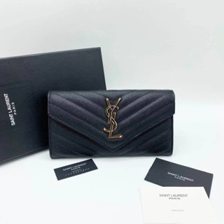 YSL SAINT LAURENT GOLD MONOGRAM ZIP-AROUND WALLET CAVIAR BLACK LEATHER กระเป๋าสตางค์ใบยาว แบรนด์วายเอสแอล หนังคาร์เวียร์