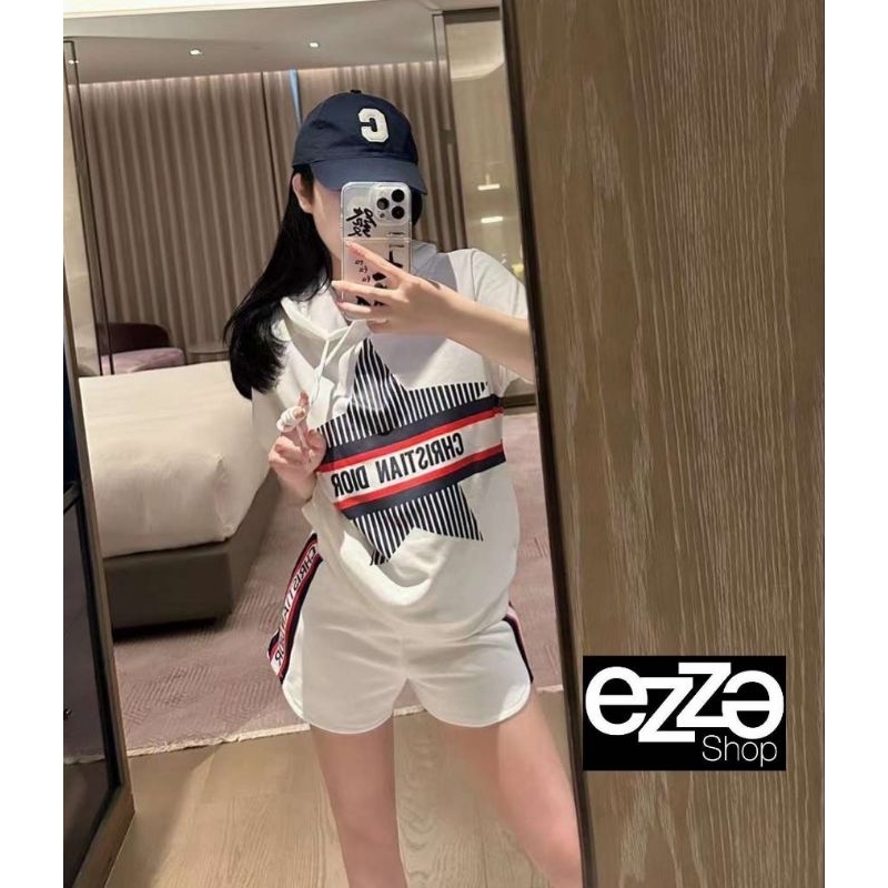 งานสวยชนช็อป คอลล่าสุด ชุดเซต เสื้อฮู้ดแขนสั้น CHRISTIAN DIOR STAR APL LOGO HOODED SWEATER WITH SHOR