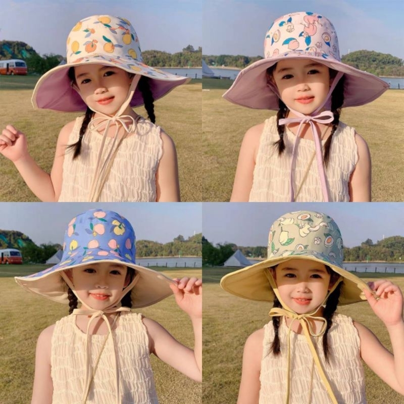 [พร้อมส่ง] หมวกเด็ก 2ปี-8ปี รอบหัว:52-54 cm. หมวกปีกกว้างกันแดดใส่ได้สองด้าน ลายลูกพีช หมวกเด็กผู้หญิง หมวกแฟชั่น