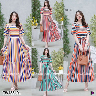 TT18519 เดรสลายทางสลับสี ผูกเอว .Striped dress, alternating colors, tied at the waist..