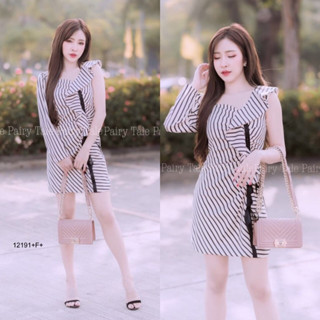 SS12191 เดรสแขนเดียว ลายริ้วไหล่ระบาย 1 ข้าง One-shoulder dress with stripes on one side