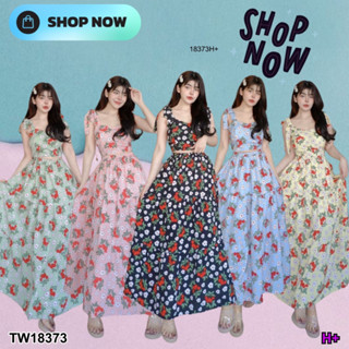 SS18373 Set 2 ชิ้น เสื้อผูกไหล่ + กระโปรงยาว พิมพ์ลายดอกไม้ Tie-shoulder top + floral print long skirt