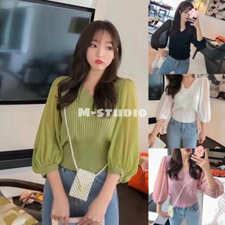 [Maze](พร้อมส่ง) เสื้อยืดคอวีแขนตุ๊กตาน่ารักแฟชั่นเกาหลี 8663