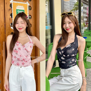 littlesoulmate เสื้อคล้องคอโชว์อกนิดๆ ผ้าตาข่ายนุ่มนิ่ม ลายดอกไม้ กุหลาบ(pastel rose)