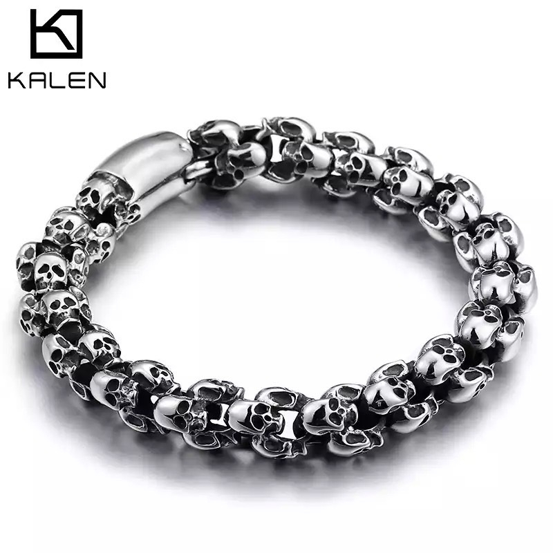 🇹🇭สินค้าพร้อมส่งจากไทย🇹🇭KALEN Punk Skull สร้อยข้อมือผู้ชายสแตนเลส Shiny Matte Skull Charm สร้อยข้อมื