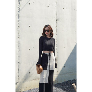 #3201 Two Tones Cropped Bellsleeves Top + Maxi Skirt Knit Set