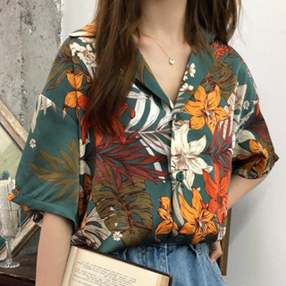 midsummer เสื้อลายดอก  แขนสั้นใส่สบาย เสื้อเชิ้ต ฮาวาย เสื้อคอปกลายดอกสีเขียว ฤดูร้อน #305