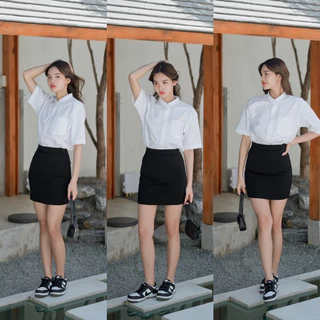 กระโปรงนักศึกษาทรงเอ ทรงเอไม่ผ่า มียาว16-18-20-22-24 สีดำผ้ายืดฮานาโกะ กระโปรงทรงเอ