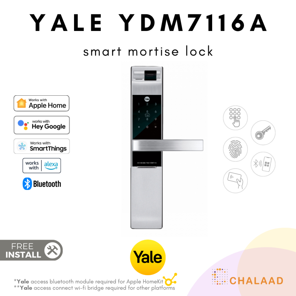 Yale YDM7116A-S Smart Mortise Lock (ติดตั้งฟรี) ดิจิตอลล็อคแบบสแกนลายนิ้วมือ หน้าจอสัมผัส ปลดล็อคผ่านมือถือได้